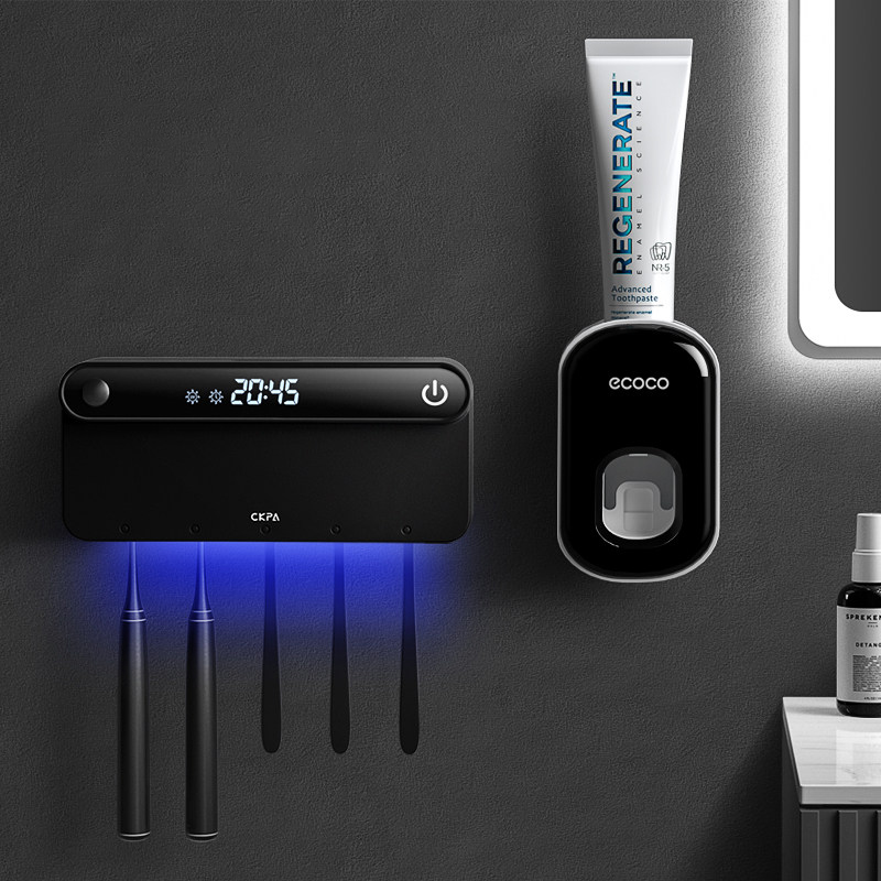 UV Toothbrush Holder Sterilizer Wall Mounted Intelligent Timming Disinfection Toothbrush Disinfectant Holder With LED Displayed: Black with squeezer