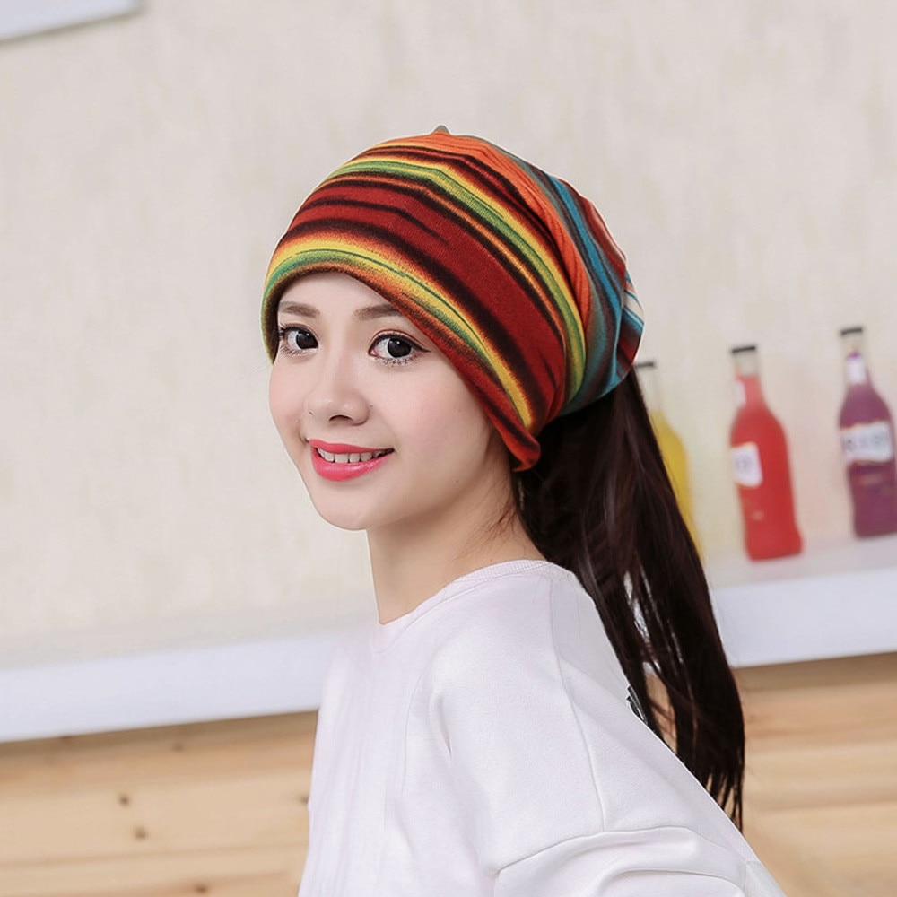Vrouwen Gestreepte Hoed Ruche Kanker Hoed Beanie Sjaal Kraag Tulband Head Wrap Cap Winter Hoed Voor Vrouwen Mutsen Hoeden Skullies gorros