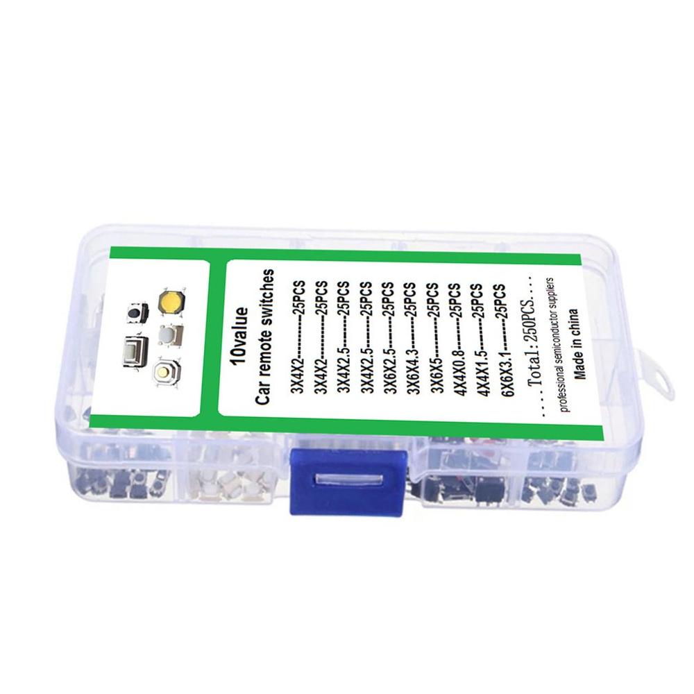 250 Stuks 10 Soorten Tactile Drukknop Auto Afstandsbediening Sleutel Knop Microschakelaar Tool Kit Momentary Tact Assortiment Kit