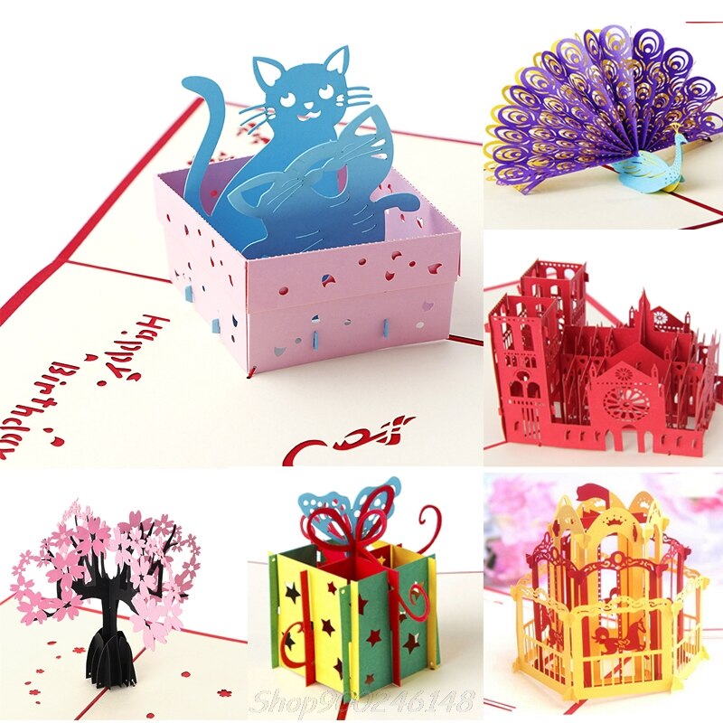 25 Styles 3D Pop UP Greeting Card Cat Box Animal Christmas Thanksgiving Birthday Handmade Jy16 20