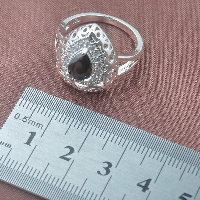 Fasjion Zwart Zirconia Zilveren Kleur Sieraden Set Voor Vrouwen Oorbel Ketting Hanger Ringen Armband YZ0212