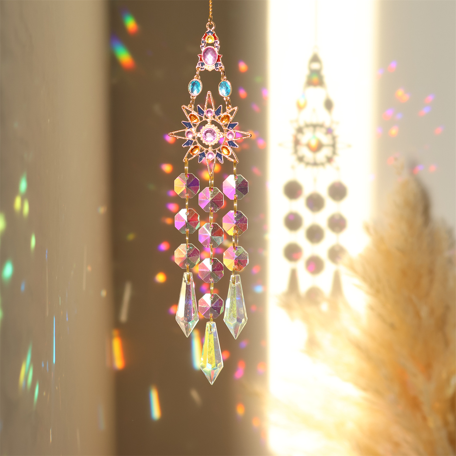 Crystal Diamond Moon Sun Catcher Butterfly Lotus Rainbow Christmas Decoration Home Garden Decoration Wind Chime: Burgundy
