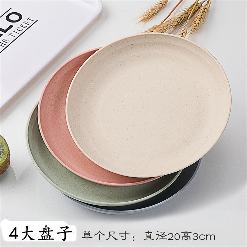 4pcs/Set Wheat Straw Tableware Set Cutlery Baby Children Dishware Simple Dishes Salad Bowl Steak Plate Dinnerware: A4   plate 20cm 4Pcs