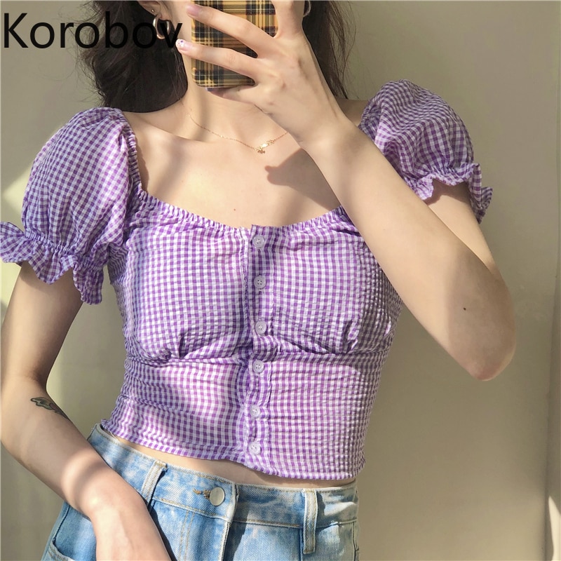 Korobov sommer koreansk slank vintage kvinder bluser firkantet krave kvindelige skjorter preppy stil mujer blusas