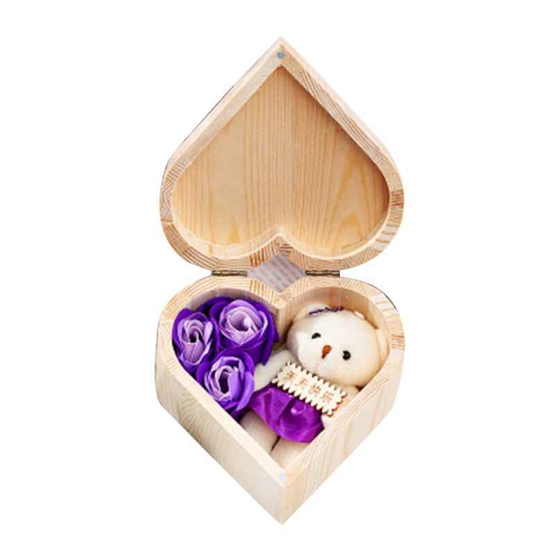 Caja de jabón con forma de corazón de madera, caja de joyería de flores hecha a mano, flor inmortal para el Día de San Valentín, flor de jabón-30: purple bear