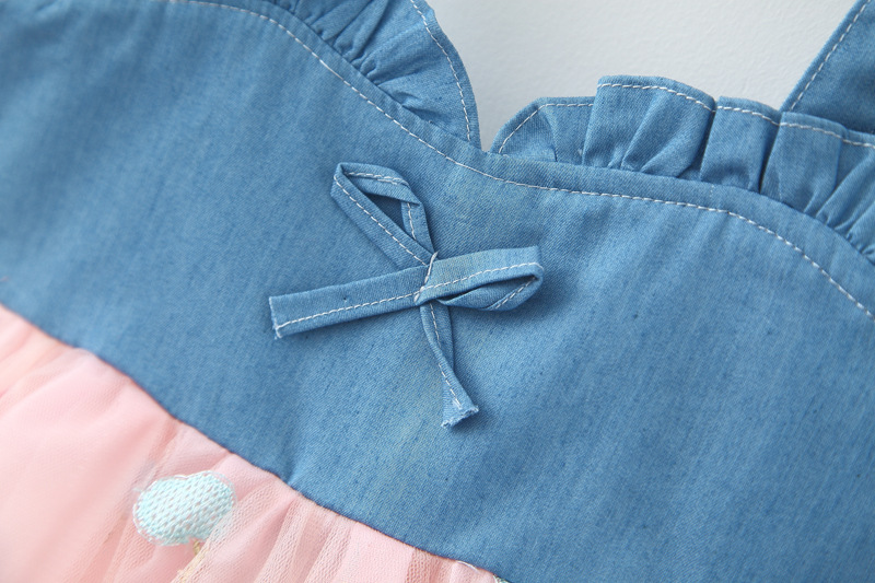 Babzapleume Summer Baby Girls Dresses Denim Mesh Pacthwork senza maniche Cute Princess Lace Pink Dress + Sunhat Newborn Clothes 001