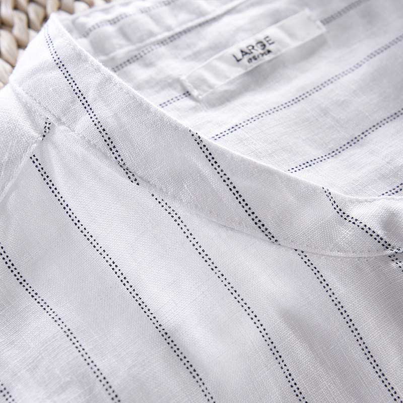 Camisa de lino Casual de manga 3/4 de rayas clásicas Retro para hombre, camisa de adelgazamiento, blusas de cuello mandarín, ropa masculina de estilo coreano