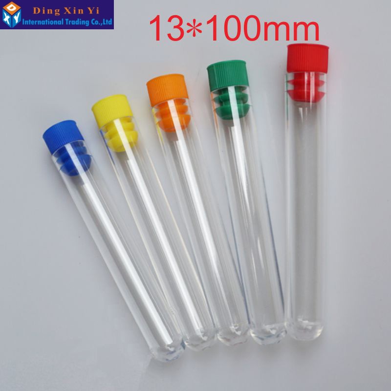 50pcs/lot 13*100mm High transparency plastic test tube with plug hard plastic tube polystyrene test tube The color can choose