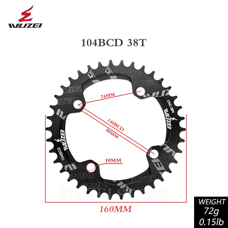 Wuzei Bcd Crown 104 łańcuch owalny bezpośredni montaż pojedyncza korona świeca Pe Monoplate Mtb korba 32 34 36 38 40 42 zęby łańcuch pierścień: round 104bcd 38T