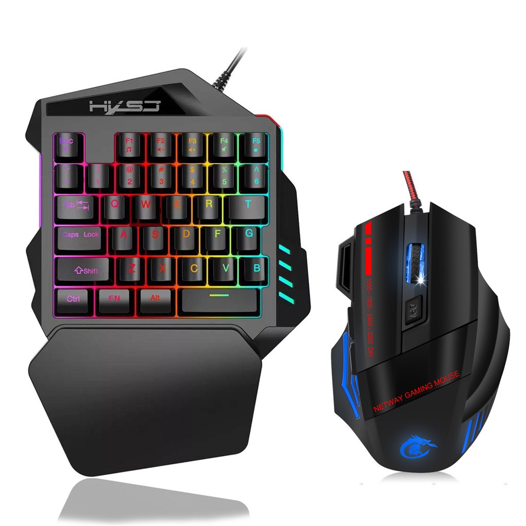 HXSJ Ergonomic Multicolor Backlight One-Handed Game Keyboard Mouse Set 5500DPI Gamer Gaming Mouse and Keyboard Kit For Home: Default Title