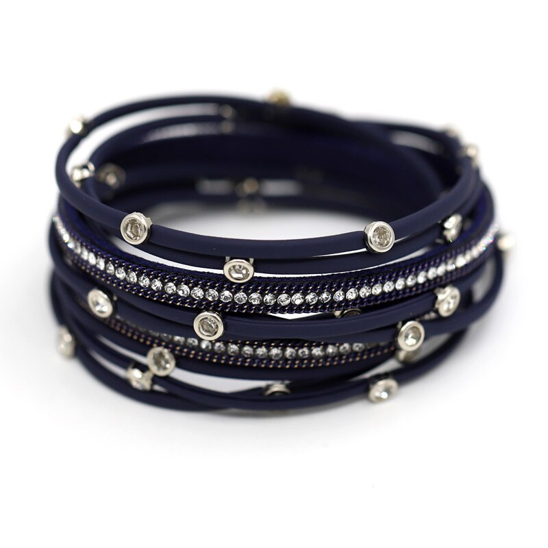 Mode Vrouwen Lederen Armband Multilayer Touw Cirkel Handgemaakte Ingelegd Rhinestone Magneet Sluiting Bangle Armbanden Zomer Sieraden: B9008f Blue