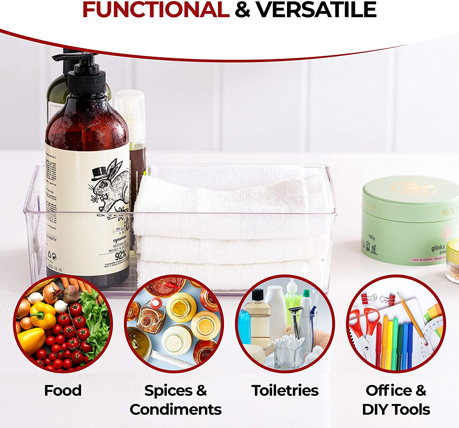 4pc Refrigerator Organizer Bins Stackable Fridge Food Storage Box with Handle Clear Plastic Pantry Food Freezer Organizer Tools