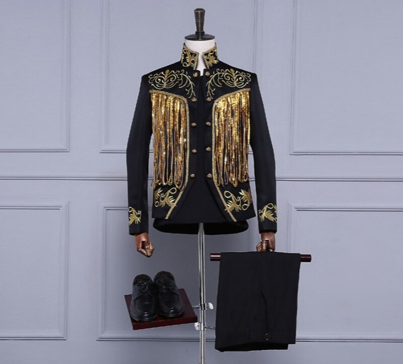 Shenrun Men&#39;s Black White Suit Jacket Sequins Embroidery Gold Silver Twinkle Tassel Blazers Slim Fit Stage Dress Singer Costumes: black jacket / L
