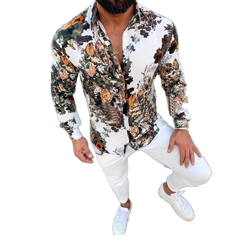 Hawaiisk stil mænds langærmet print ferie plus størrelse afslappet stand krave knap løs skjorte komfort toppe s -3xl