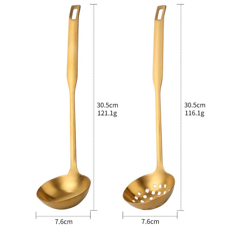 Juego Metal dorado colador de cazo para sopa de 2 piezas, utensilios de cocina de acero inoxidable con mango largo, utensilios de cocina, utensilios para servir cuchara, utensilio de cocina para