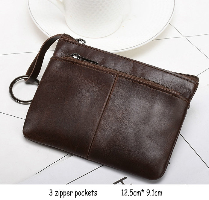 GENODERN-monedero pequeño de cuero genuino para hombre y mujer, Mini cartera con anilla para llave, tarjetero: 3 zipper dark brown