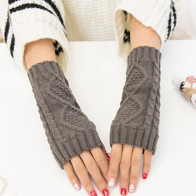 Solide vinterhandsker kvinder strikkede fingerløse damerhandsker armvarmer vanter handsker vinter varm håndled uld rød sort grå handsker: Mørkegrå