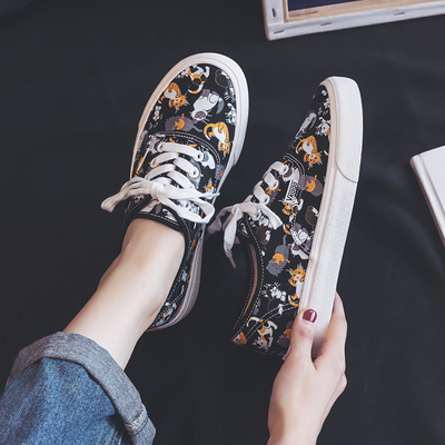 Chaussures femmes printemps nouvelle toile filles étudiants Graffiti chaussures Kitty dessin animé chat édition coréenne Ins Style blanc chaussures A35-81: Black / 35