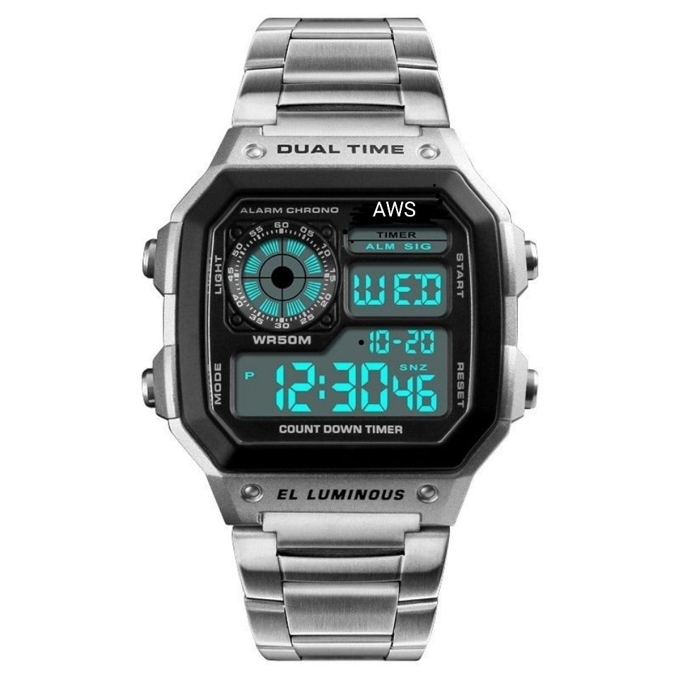 Aws Polshorloge Voor Mannen, Digitale Sport Waterdicht Horloge Met Dual Time Chronograaf Countdown Alarm Backlight