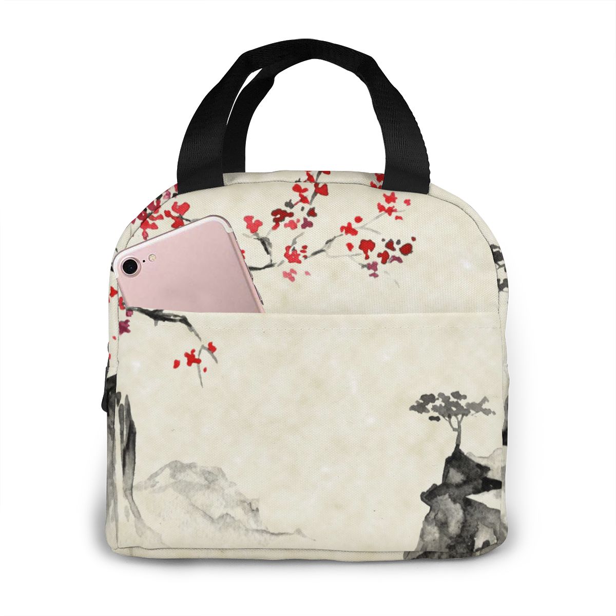 Draagbare lunchtas japanse inkt schilderij sakura en bergen thermisch geïsoleerde lunchbox tas lunchcontainer voedsel opbergtas: Zwart 1