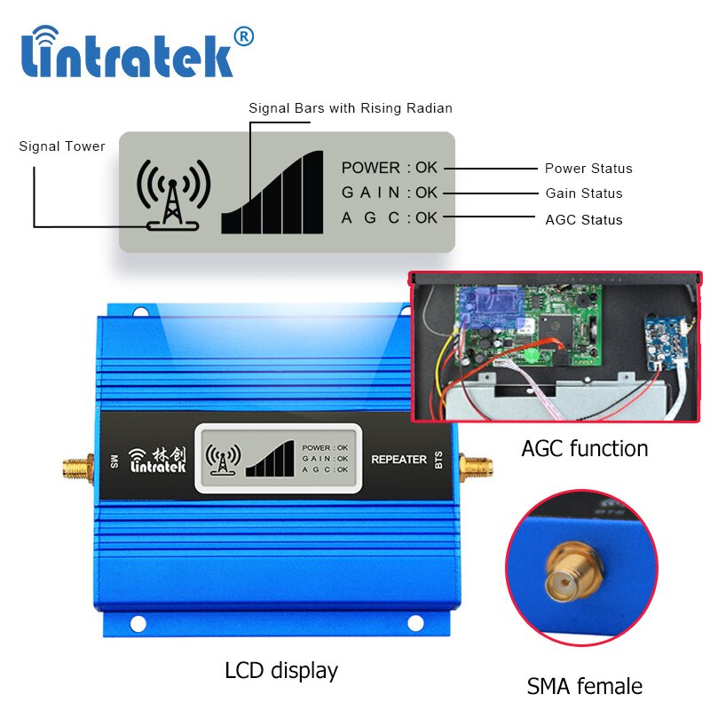 Lintratek GSM 900 Celular Amplifier LCD UMTS 900mhz Cell Phone Repeater Signal Booster Voice Call Antenna Yagi + Whip 10m Kit