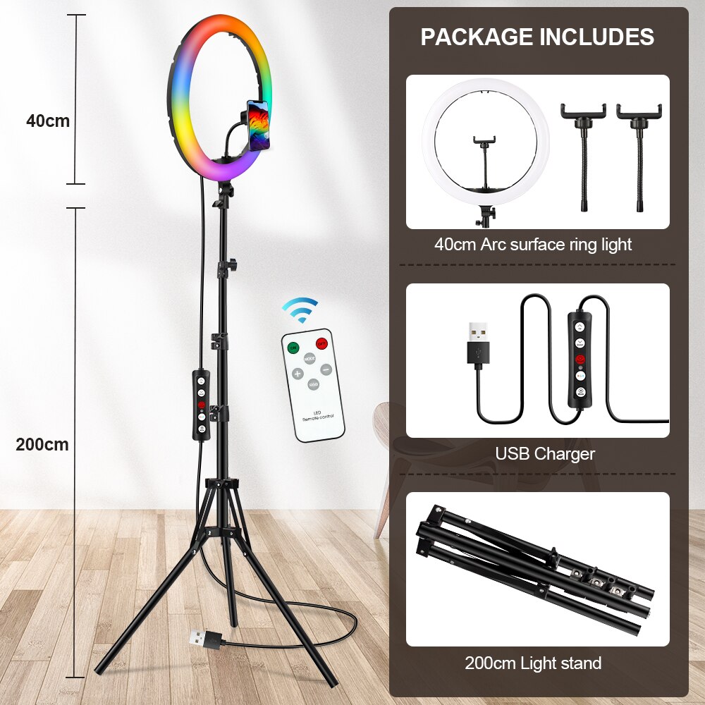 16 Inch Rgb Ring Licht Led Selfie Ring Licht Met 3 Telefoon Clips 200Cm Statief Stand Fotografische Verlichting Video live Vullen Lamp: 16-USB Stand