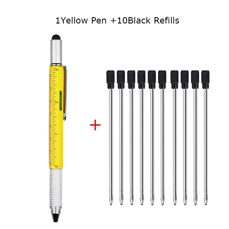 6 In 1 Multi Tool Pen Multifunction Screwdriver Precision Ruler Caliper Ballpoint Pens for Phone Touch Creativity Level Meter: 1 Yellow 10 BlackInk