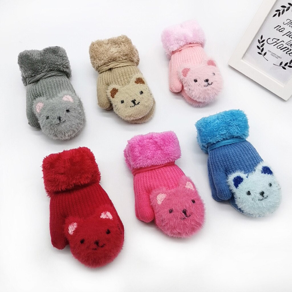 2-7Y Kinder Fäustlinge Kinder Gestrickte Wolle Plus Samt Handschuhe Cartoon Bier Baby Jungen Mädchen Volle Finger Warme Handschuhe Halten mit seil