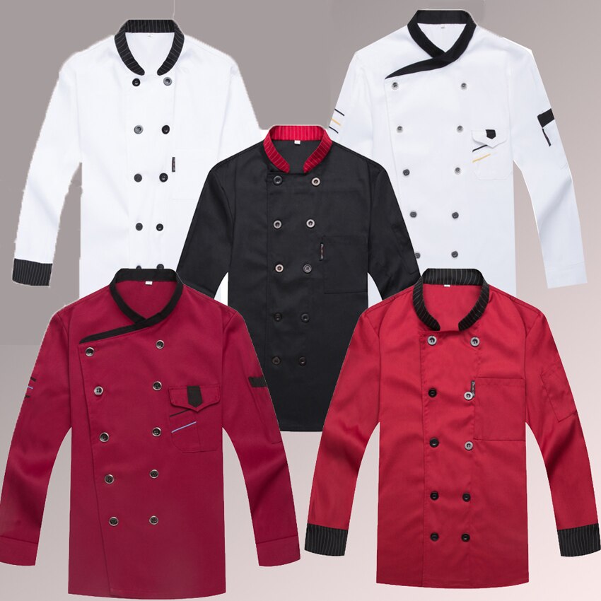 Gratis logo tryk sort hvid rød farve ensfarvet kokkefrakke jakke fuldærmet åndbar bageri tjener restaurant uniform