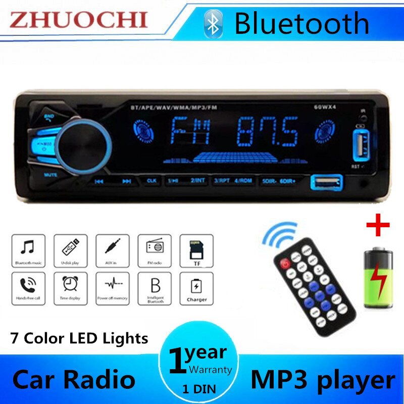 Autoradio 1 Din MP3 Speler Bluetooth Stereo Fm Audio Radio 60Wx4 Ondersteuning 7 Kleur Lichten Dual Usb/Tf met In Dash Aux Input