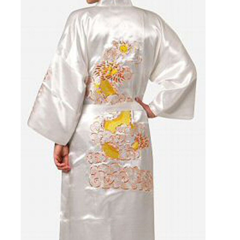 Navy Blue Chinese Men's Satin Silk Robe Embroidery Kimono Bath Gown Dragon Size S M L XL XXL XXXL