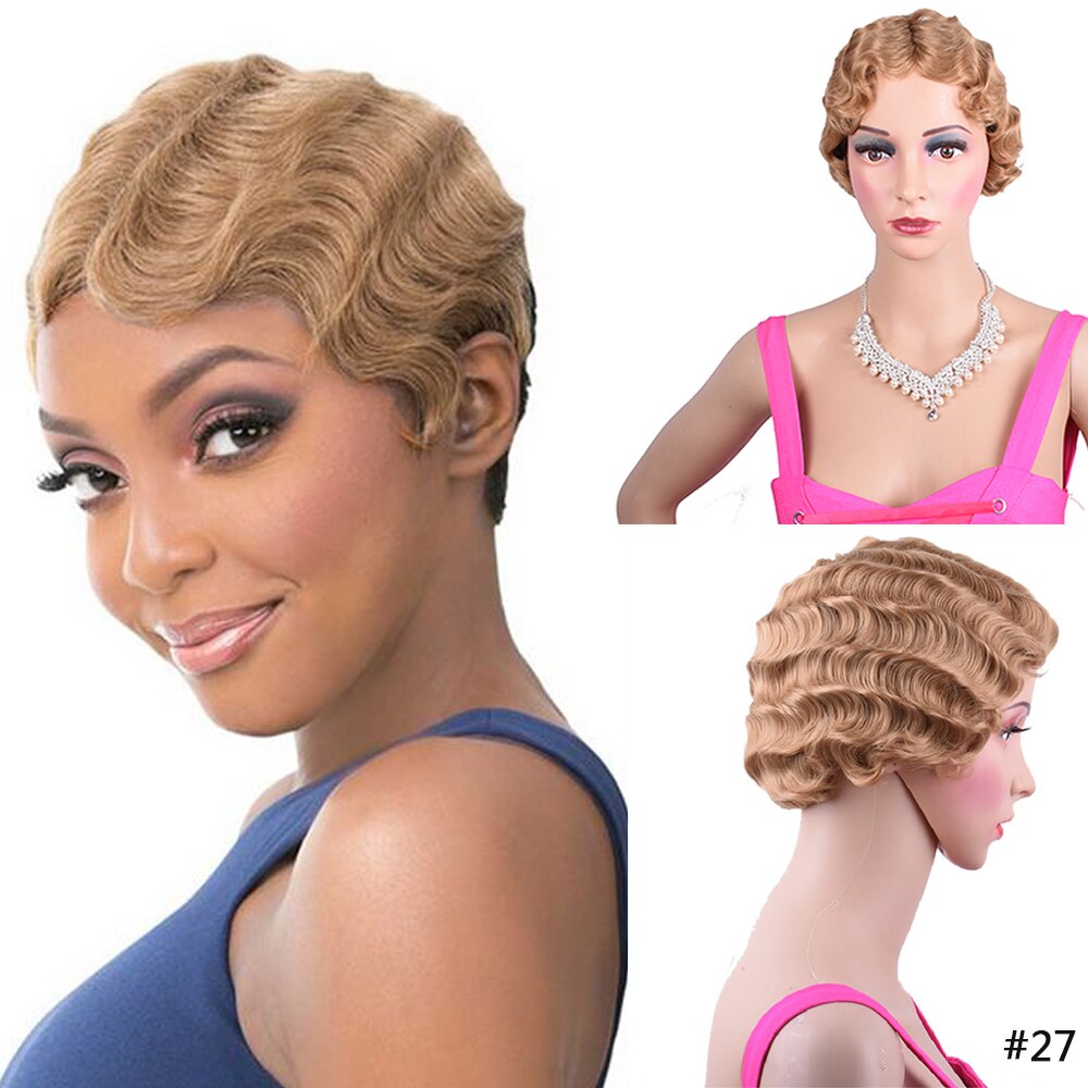 Korte Rode Vinger Wave Pruik Bruin Blonde Krullend Synthetische Pruiken Voor Zwarte Vrouwen Hittebestendige Afro-amerikaanse Pixie Cut Mama pruik: #27