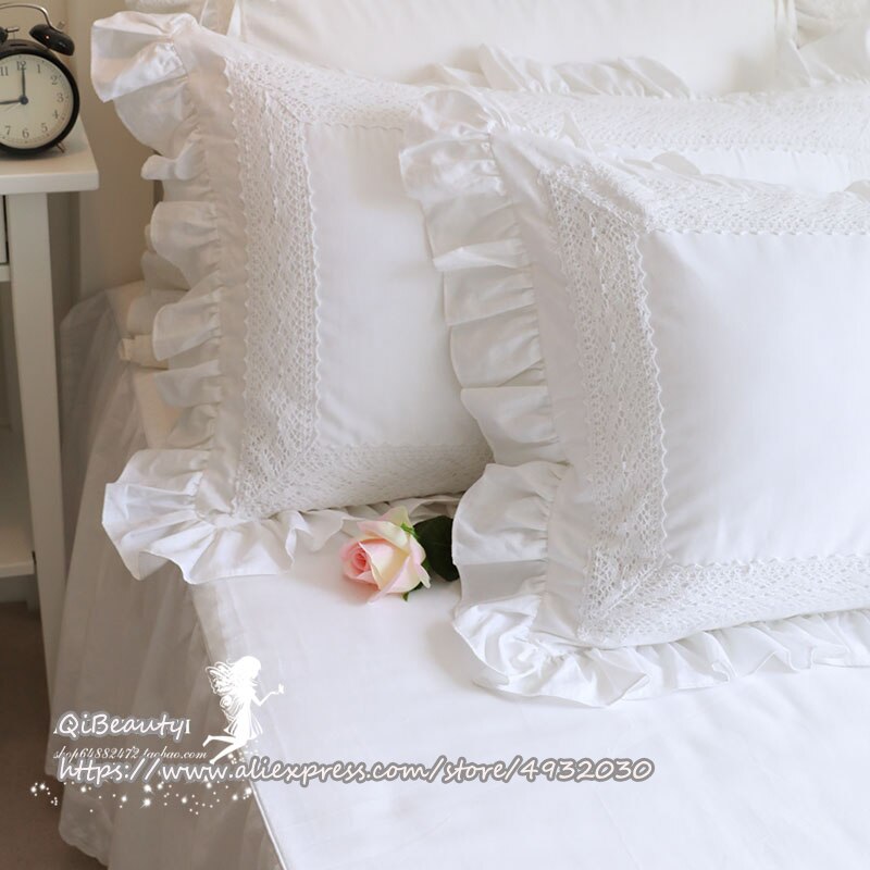Prinsesse rent hvidt dobbelt lag blonder flounced bomuld bryllup rent bomuld sengetøj pudebetræk pudebetræk: Pt007