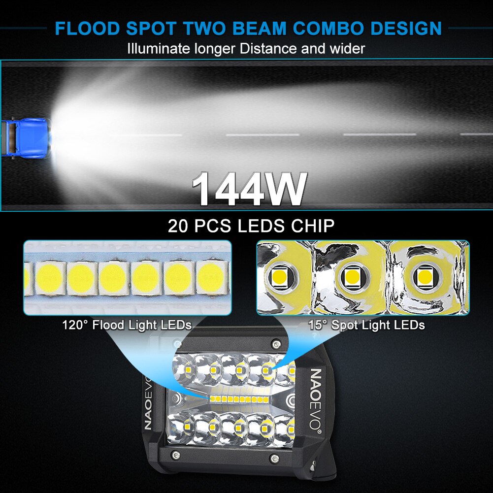 NAOEVO 4 Inch Cube Led Work Light OffRoad 144W 12V 24V Driving Fog Barra LED Bar Lights For Auto Motorcycle 4x4 Truck ATV SUV