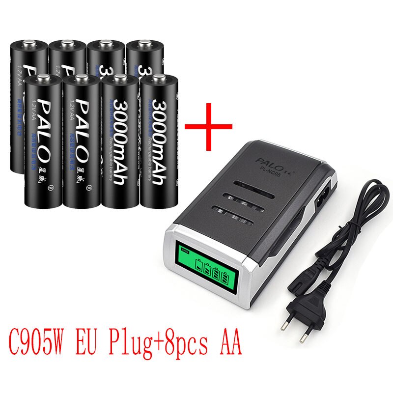 PALO LCD smart AA battery charger for AA AAA rechargeable battery +1.2V NI-MH 3000mAh AA rechargeable batteries for camera toy: Charger and 8pcs AA