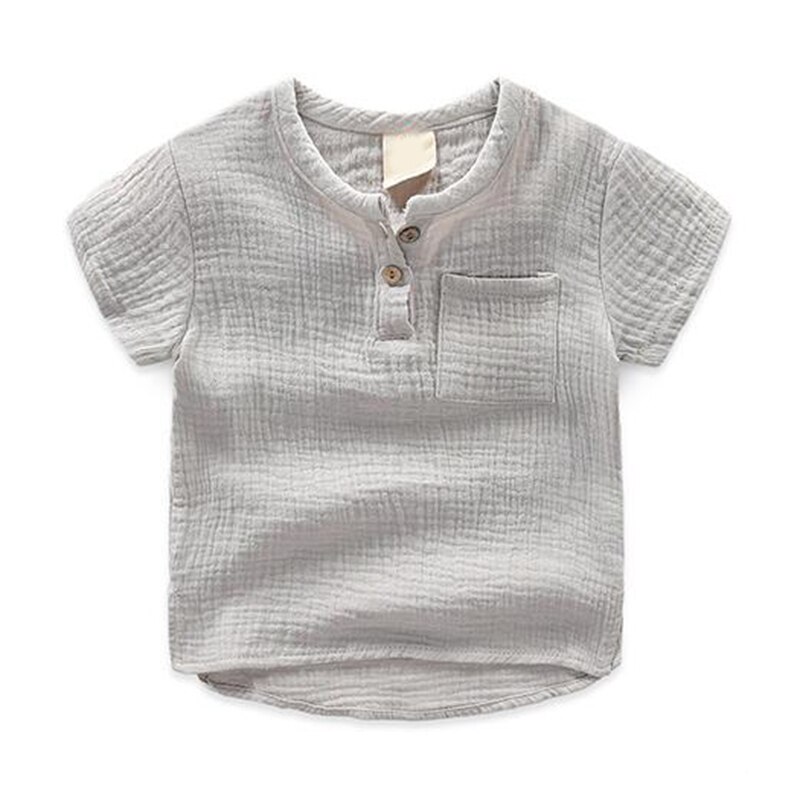 Chemise Vintage à manches courtes pour enfants, vêtements pour garçons, en coton et en lin, avec boutons, de poche, été