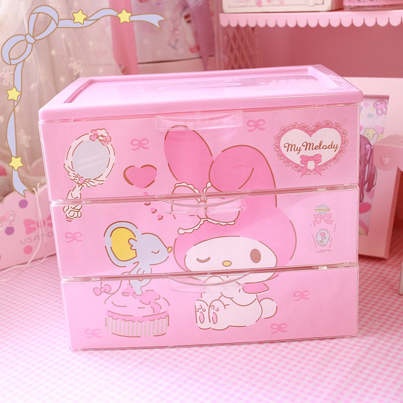 Dessin animé mignon petites étoiles jumelles ma mélodie trois couches tiroir boîte de rangement bacs créatifs filles bureau rose en plastique cosmétique