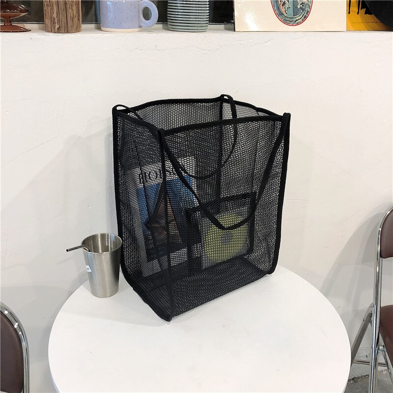Kvinner mesh veske damer sammenleggbare shopping skuldervesker gjenbrukbar daglig bruk strandveske lys stor uformell tote: Svart