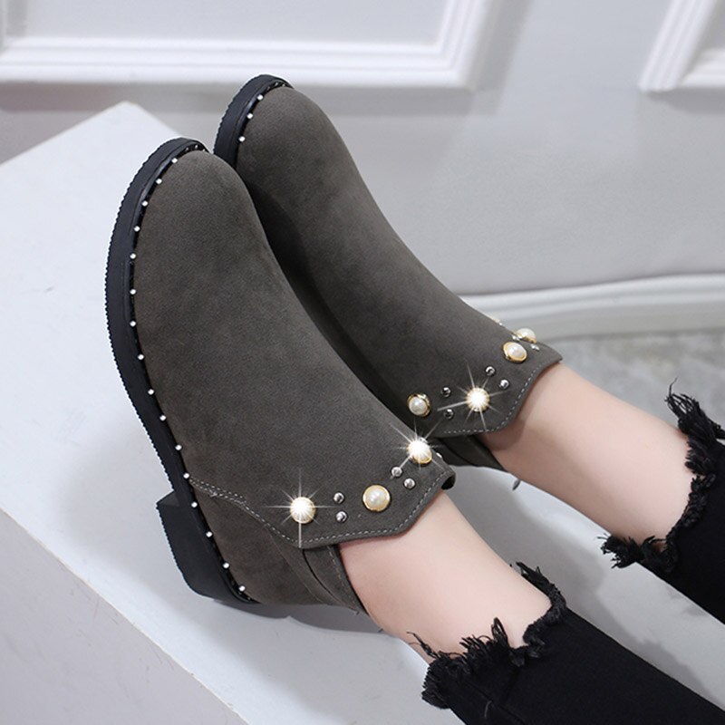 Winter Stiefeletten Für Frauen Schuhe Perle Stiefel Schwarz botas mujer chaussures femme Punk flache Stiefel Korn damen stiefel 7642: Grau / 4,5