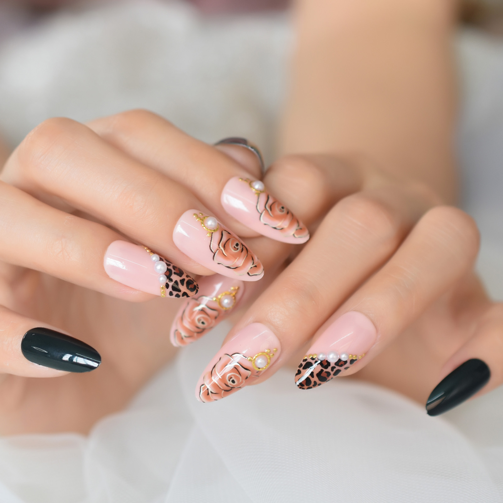 Rose negle tryk på negle mandel medium-korte fingernegle spidser flase nails art forsyninger til professionelle echiq negle 24 stk.