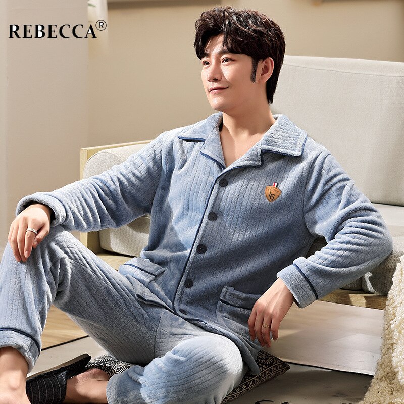Autumn Winter Coral Fleece Warm Two-piece Pajamas Set Men Long Sleeve Lapel Buttons Night Homewear Pyjamas XXXL