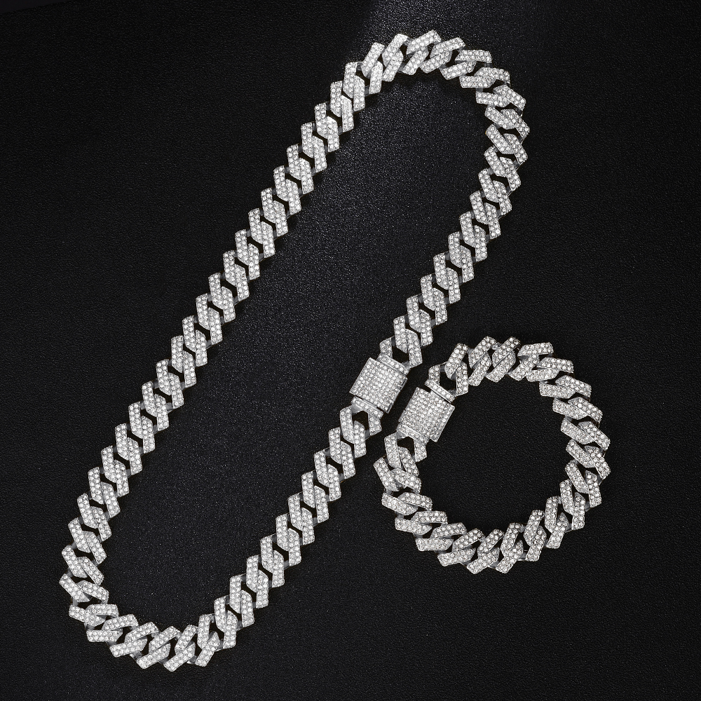 Goudkleurige Cubaanse kettinghorloge voor mannen, hiphop Miami Curb, Iced Out verharde strasssteentjes, bling rapper ketting, horloge + armband sieraden: 70 cm / Rood-Bruin