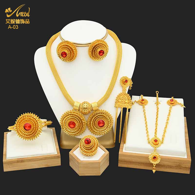 ANIID Dubai Ethiopian Flower Gold Plated 6pcs Jewelry Sets For Women Nigerian Luxury Necklace Jewellery Set Wedding Party: A-03-Gold