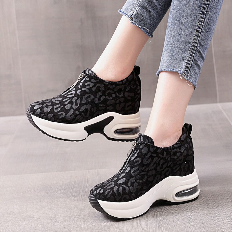 Vrouwen Sneakers Leopard Hoogte Toenemende Vrouw Gevulkaniseerd Schoenen Dikke Bodem Rits Vrouwtjes Wiggen Dames Casual Schoenen