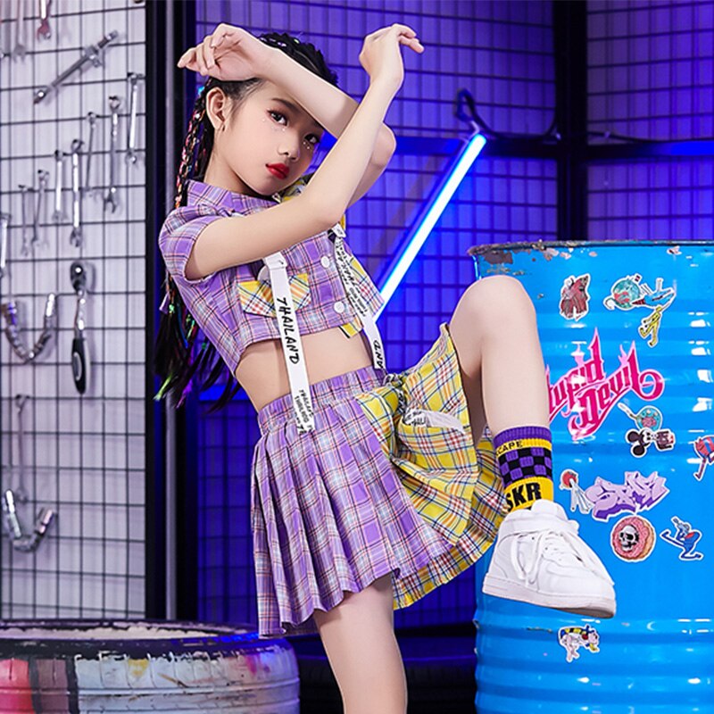 Nuevas chicas baile de Hip Hop trajes Jazz ropa de niños de a cuadros de manga corta Top falda de animadora funcionamiento DNV13214