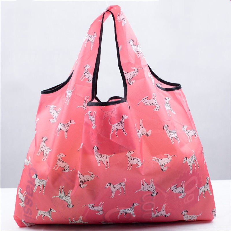 Magic style Nylon Large Tote ECO Reusable Polyester Portable Shoulder Handbag Cartoon Green Folding Pouch Shopping Bag Foldable: dot dog 2