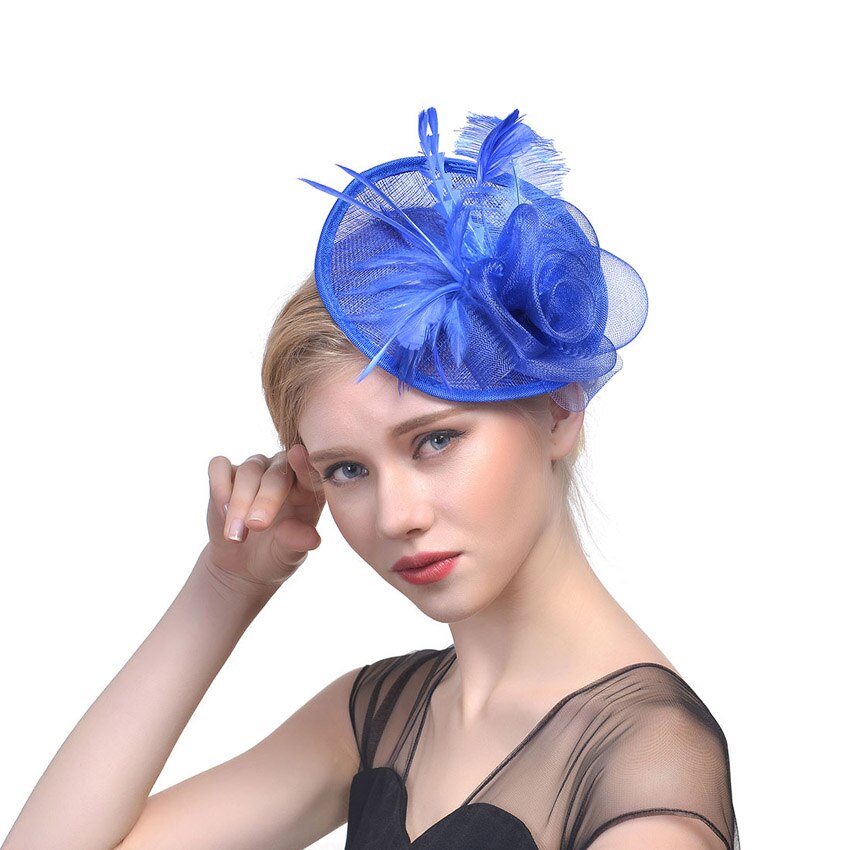 WELROG – chapeau tendance pour femme, chapeau, plume, gaze, maille solide, épingle à cheveux, pour fête, mariage, ruban: Bleu