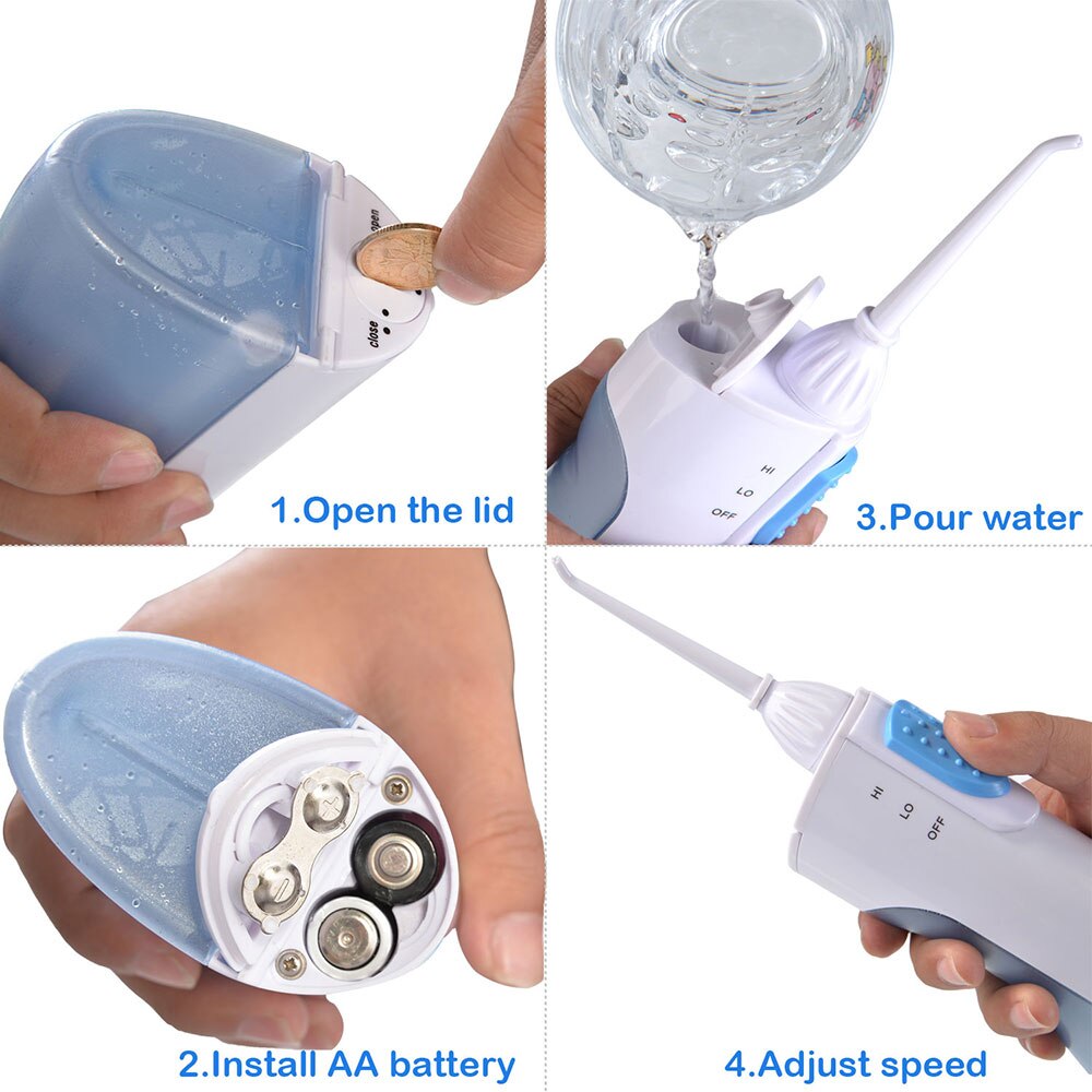 AZDENT Electrical Water Oral Irrigator LV800 3 Modes Dry Battery Dental Cleaner Cordless Water Teeth Washer 2 Jet Tip Adult Kid