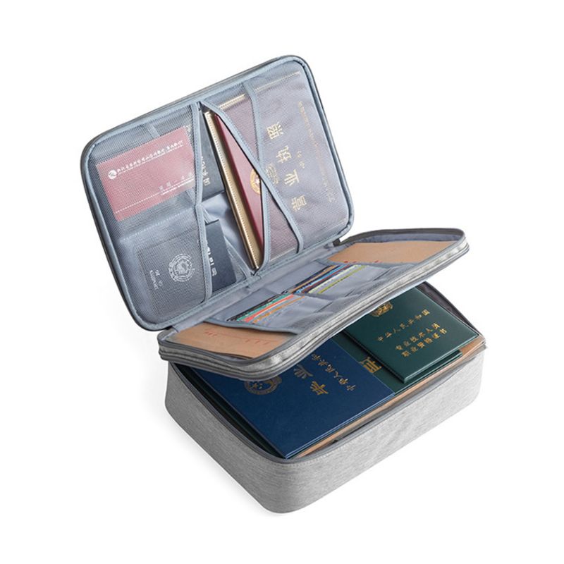 Double Layer Document Ticket Bag Zipper Storage Large Capacity Certificates Files Organizer Home Travel: Grey