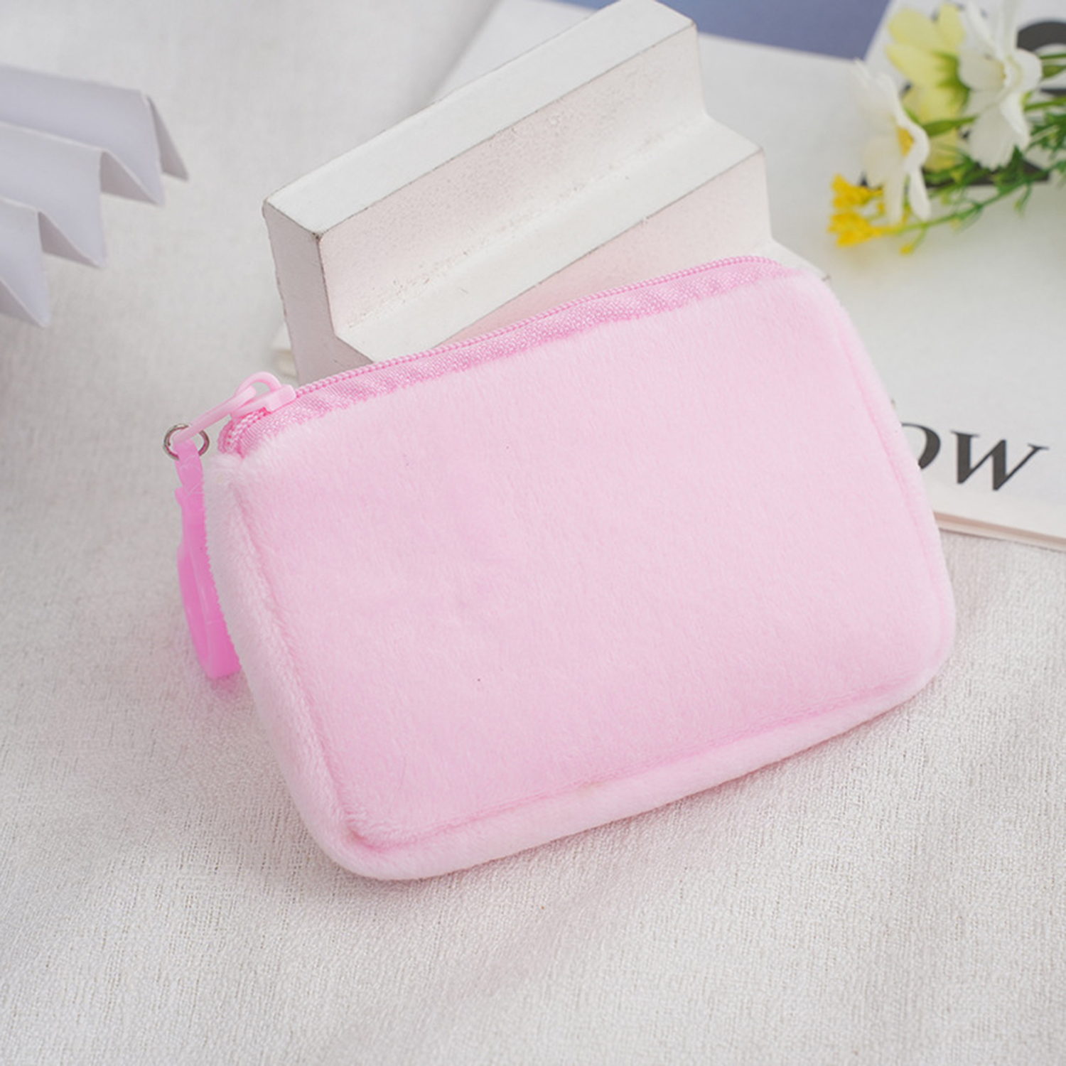 Solid Color Plush Coin Purses Mini Coin Wallet Storage Bag Card Holder Credit ID Wallet Pocket Women Girls Female Coin Purse Zip: Pink
